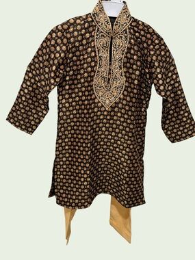 Kids Black & Gold Embroidered Kurta Pajama Set Size 6